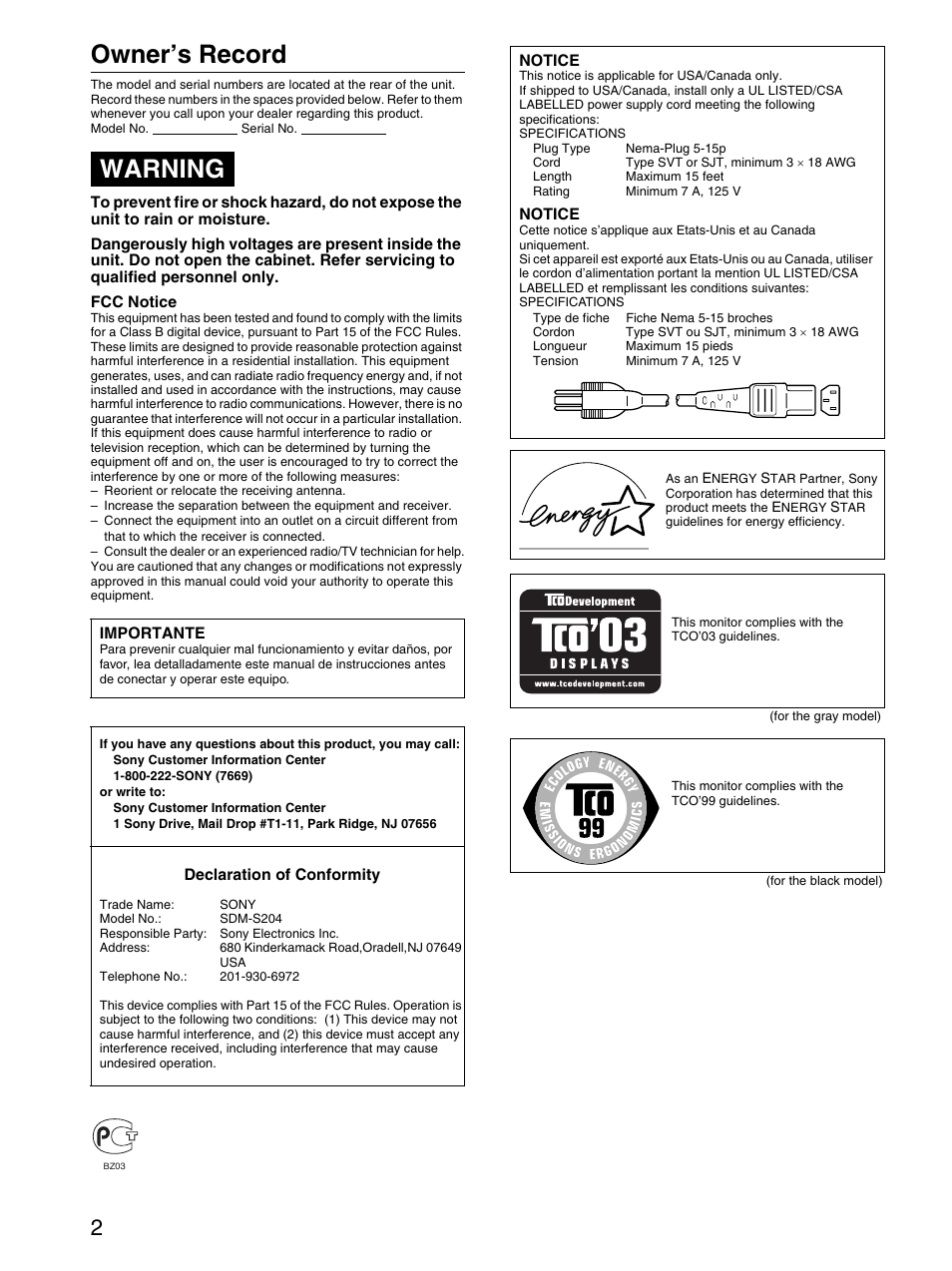 Owner’s record, Warning | Sony SDM-S204 User Manual | Page 2 / 23