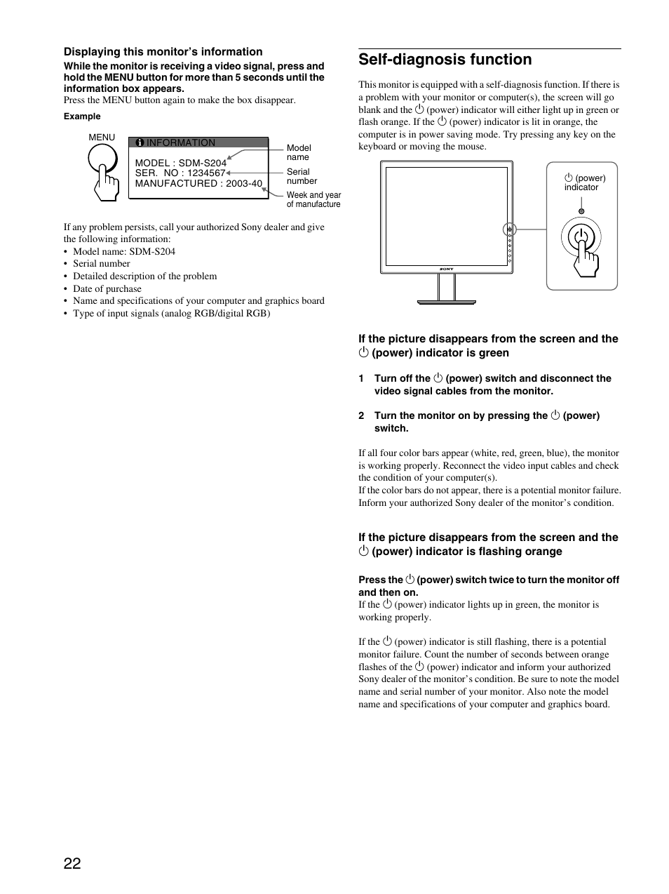 Self-diagnosis function | Sony SDM-S204 User Manual | Page 22 / 23