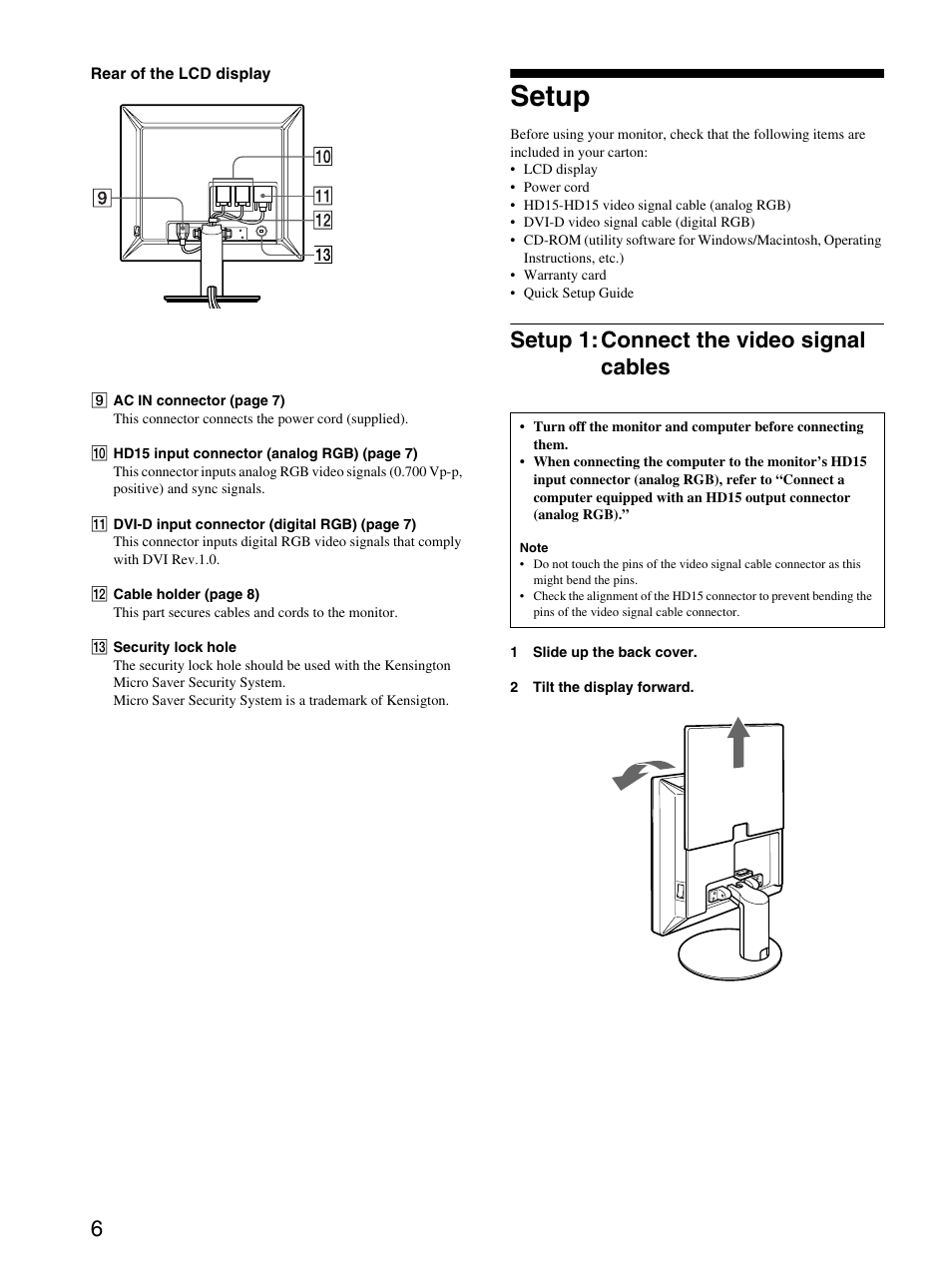 Setup, Setup 1:connect the video signal cables, Setup 1: connect the video signal cables | E 6) | Sony SDM-S204 User Manual | Page 6 / 23