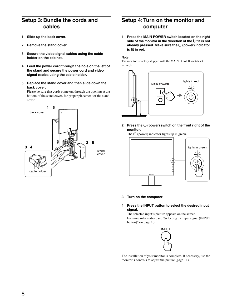 Setup 3:bundle the cords and cables, Setup 4:turn on the monitor and computer, 8setup 3: bundle the cords and cables | Setup 4: turn on the monitor and computer | Sony SDM-S204 User Manual | Page 8 / 23