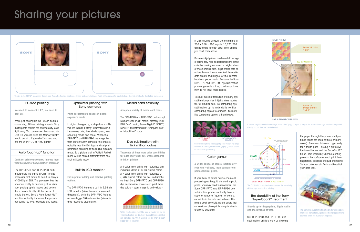 Sharing your pictures, Pc-free printing, Auto touch-up | Function, Optimized printing with sony cameras, Built-in lcd monitor, Media card flexibility, Dye sublimation with 16.7 million colors, Color gamut, The durability of the sony supercoat2 | Sony DSC-S650 User Manual | Page 26 / 31