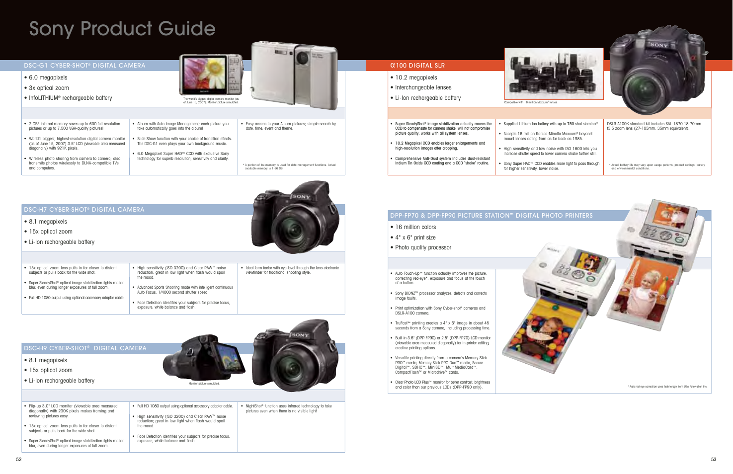Sony product guide, Dsc-g1 cyber-shot, Digital camera | 0 megapixels • 3x optical zoom • infolithium, Rechargeable battery dsc-h7 cyber-shot, 100 digital slr, Digital photo printers | Sony DSC-S650 User Manual | Page 28 / 31