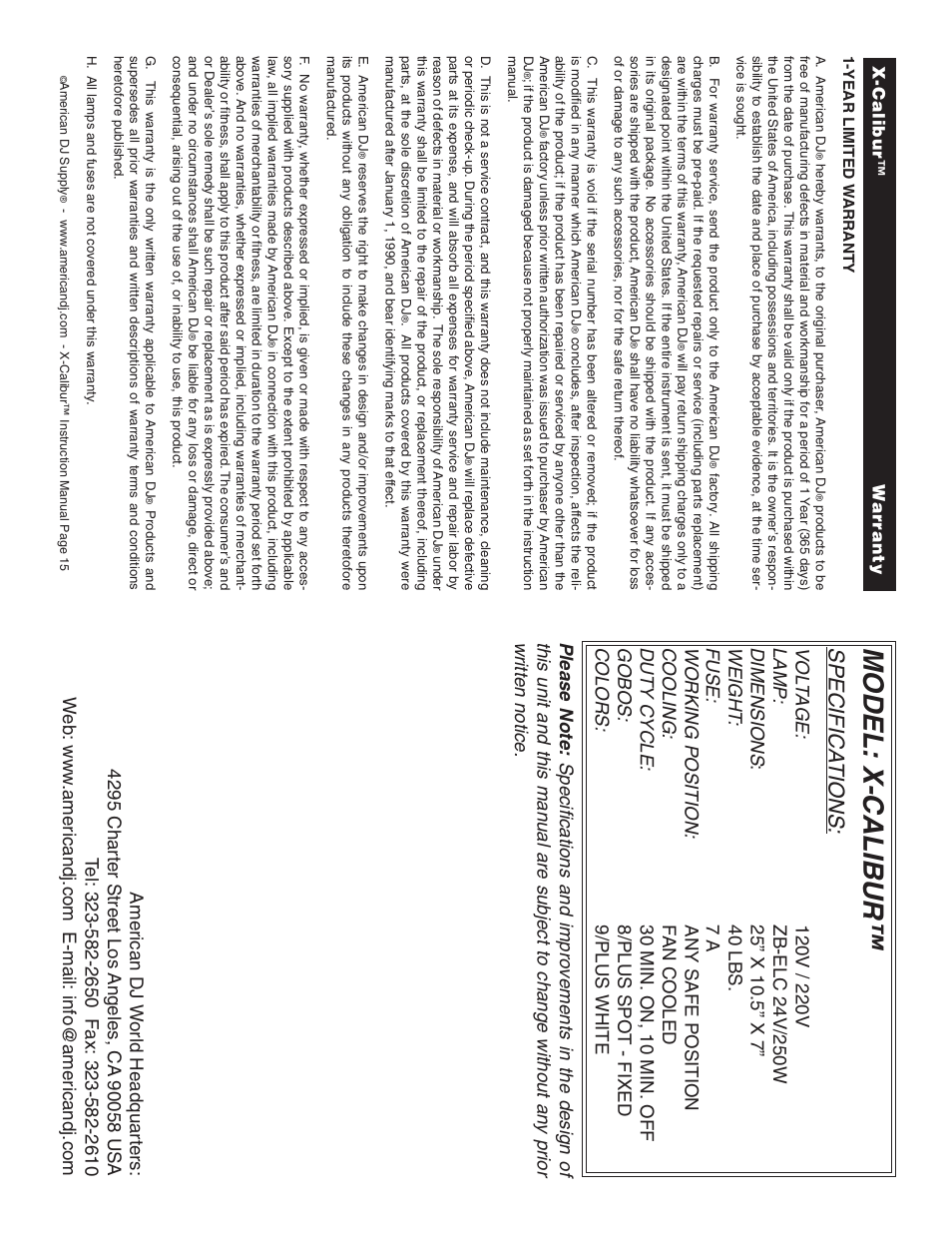 Model: x-calibur, Specifica tions | American Audio X-CALIBUR User Manual | Page 8 / 8
