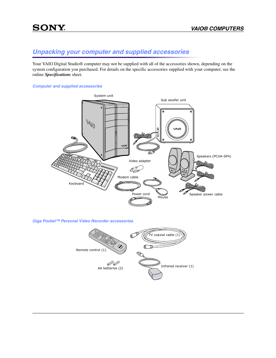 Unpacking your computer and supplied accessories, Vaio® computers | Sony PCV-RZ30GN2 User Manual | Page 3 / 9