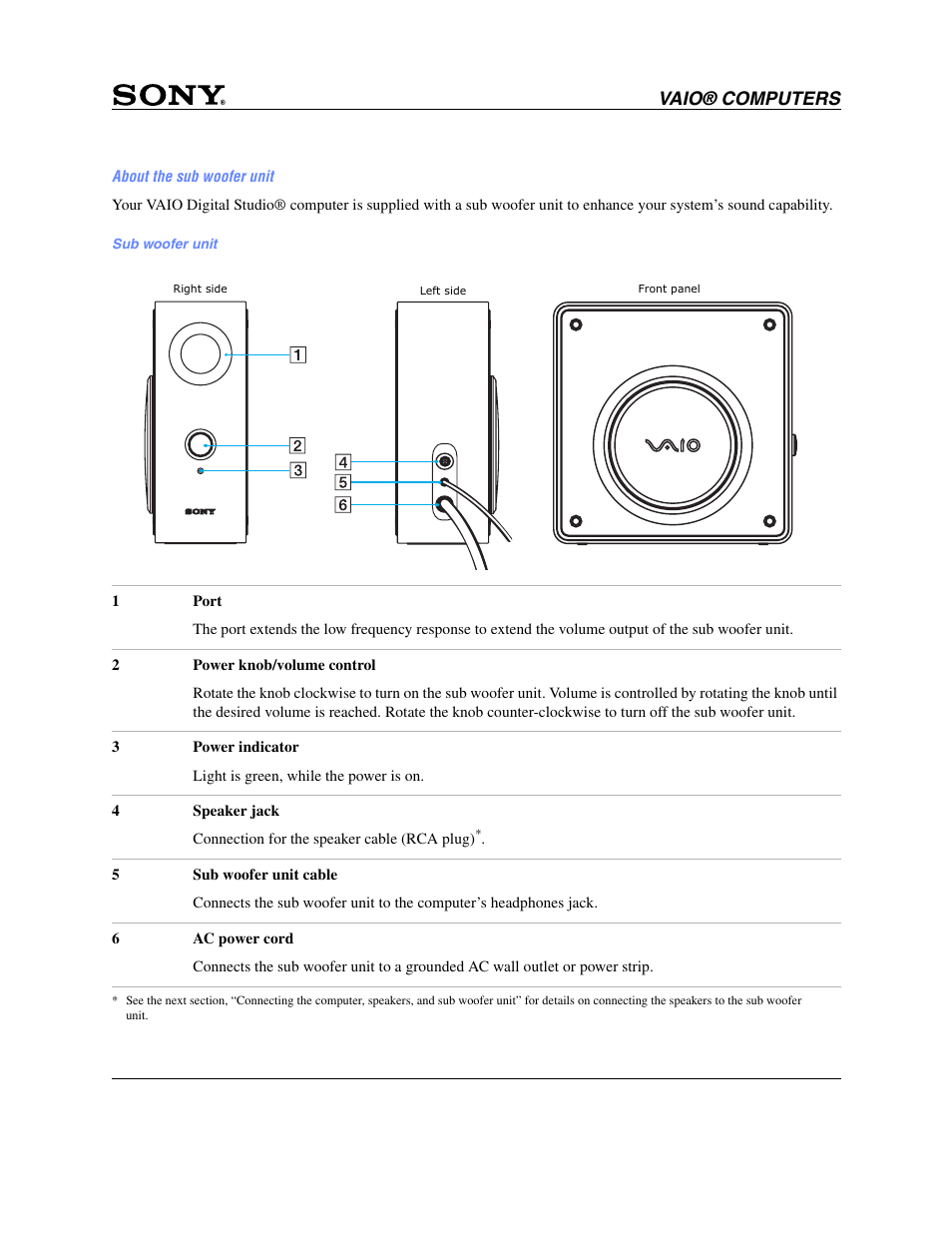 About the sub woofer unit, Vaio® computers | Sony PCV-RZ30GN2 User Manual | Page 4 / 9