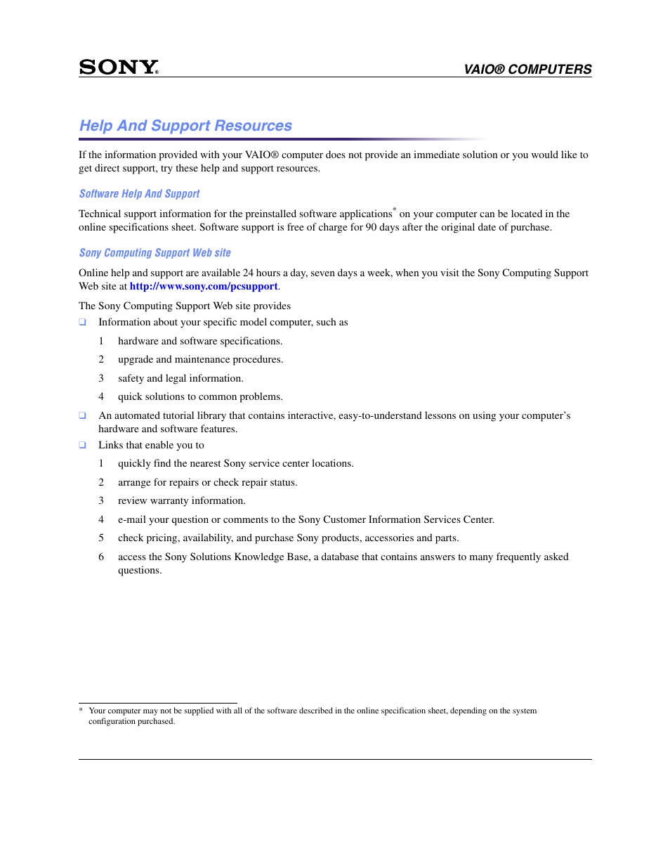 Help and support resources, Software help and support, Sony computing support web site | Sony PCV-RZ30GN2 User Manual | Page 9 / 9