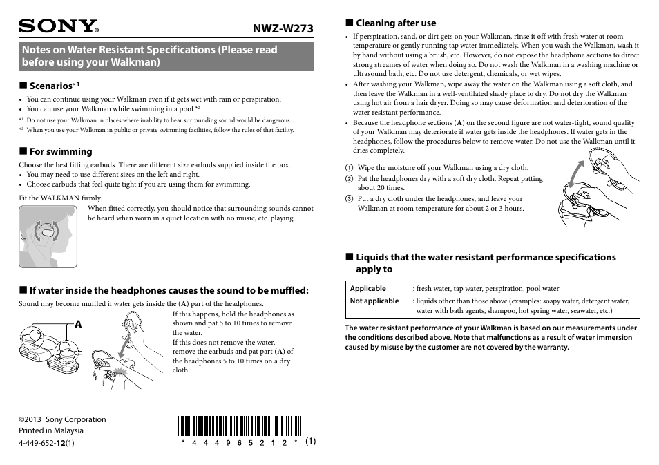 Sony NWZ-W273BLUE User Manual | 2 pages
