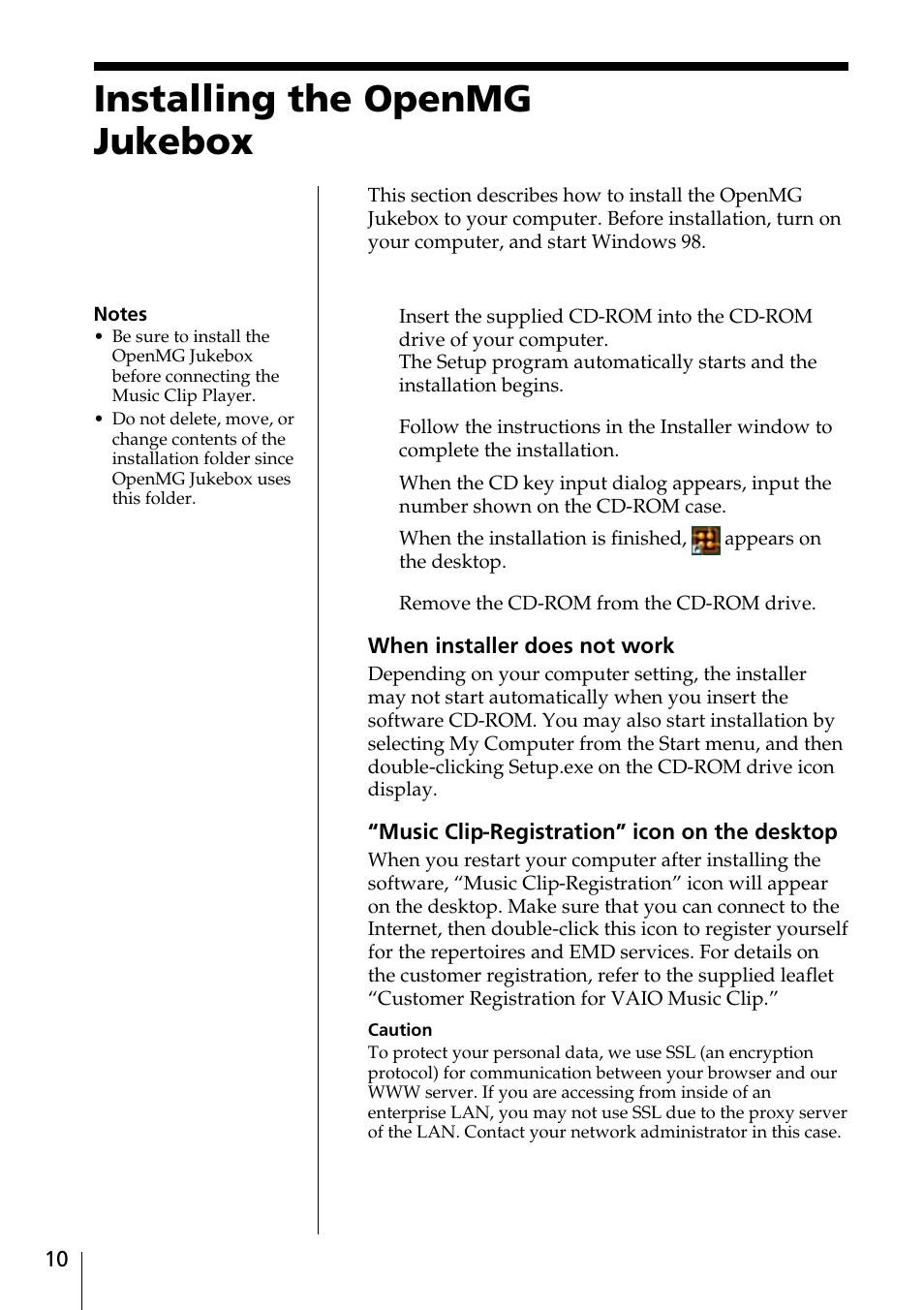 Inserting the battery, Installing the openmg jukebox 10, Installing the openmg jukebox | Sony MC-P10 User Manual | Page 10 / 40
