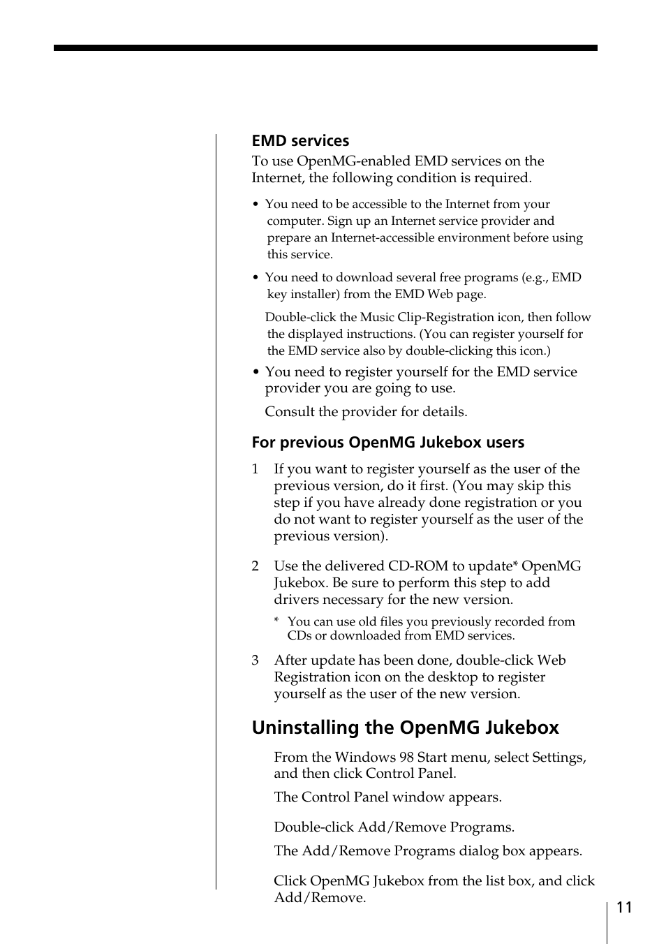Basic operation, Uninstalling the openmg jukebox | Sony MC-P10 User Manual | Page 11 / 40