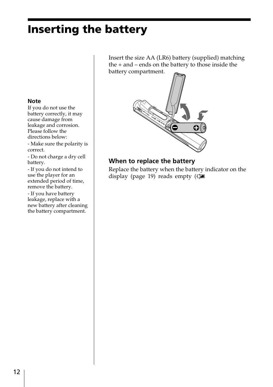 Inserting the battery 12, Inserting the battery | Sony MC-P10 User Manual | Page 12 / 40