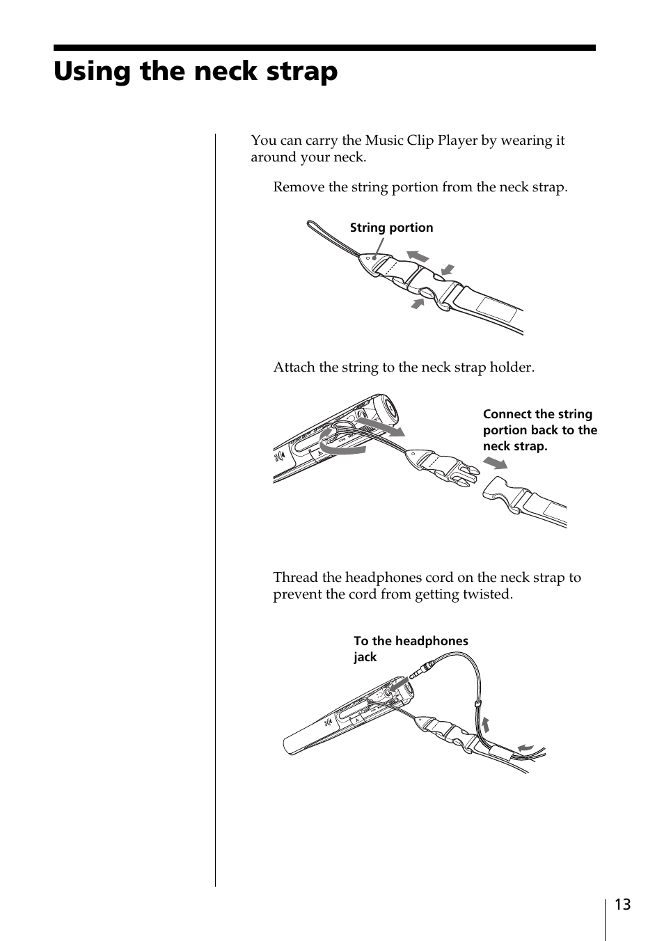 Using the neck strap | Sony MC-P10 User Manual | Page 13 / 40