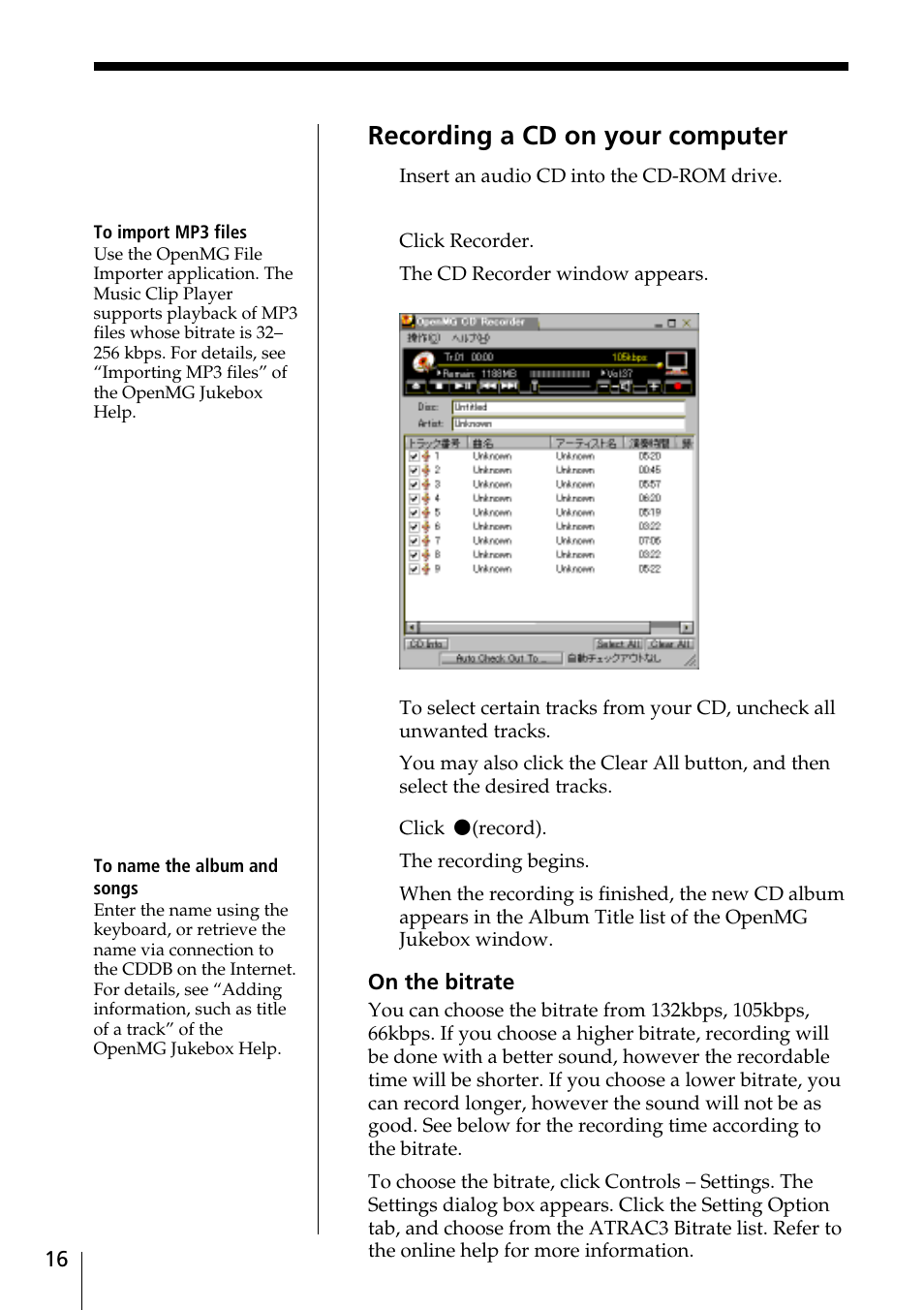 Additional operations, Recording a cd on your computer | Sony MC-P10 User Manual | Page 16 / 40