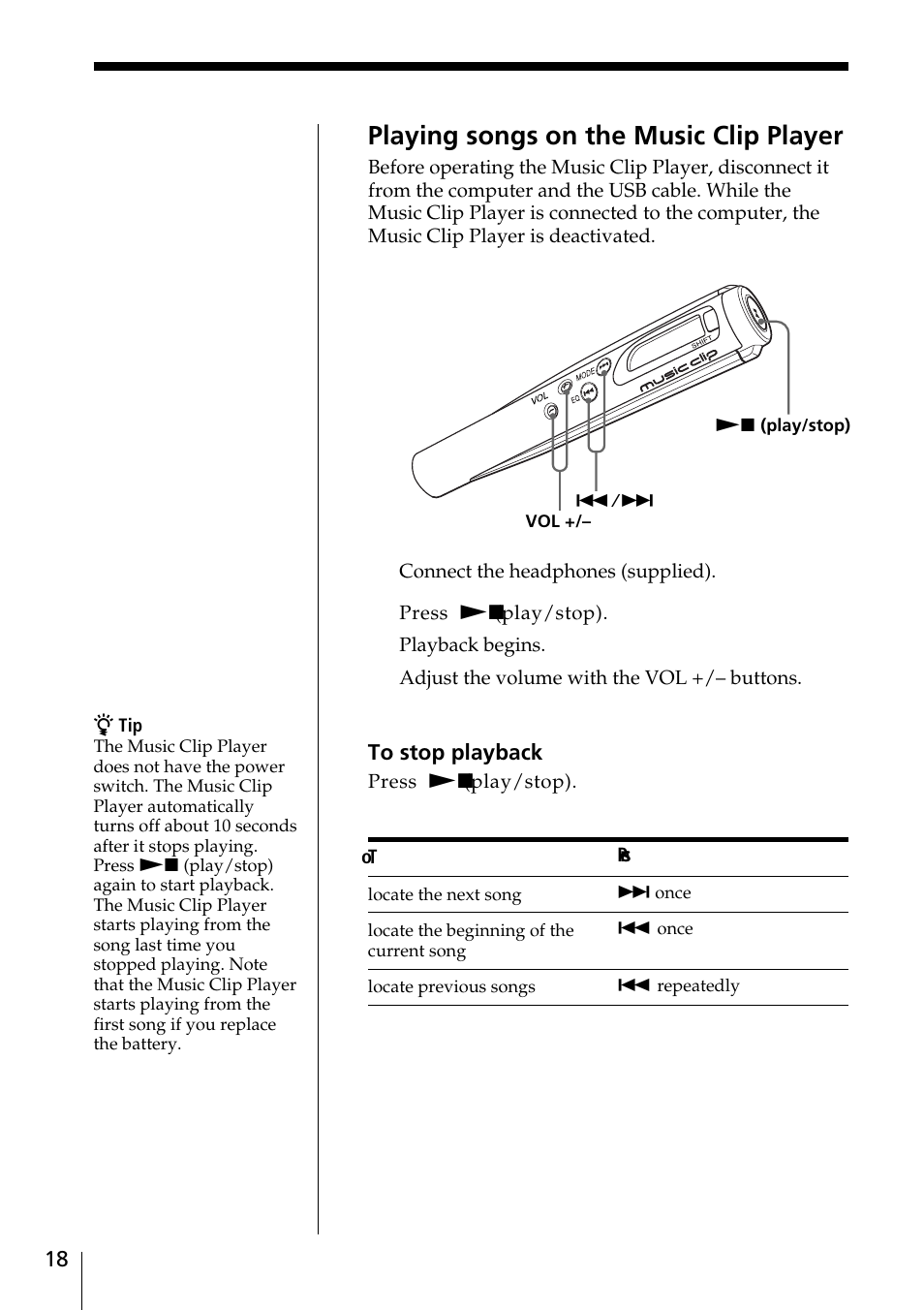 Playing songs on the music clip, Player 18, Playing songs on the music clip player | Sony MC-P10 User Manual | Page 18 / 40