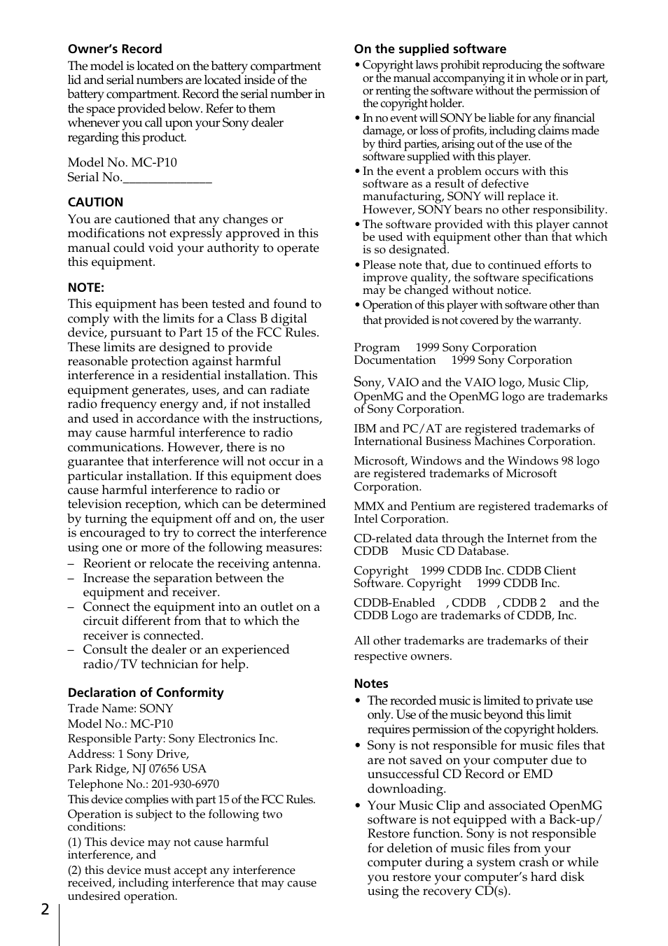 Sony MC-P10 User Manual | Page 2 / 40