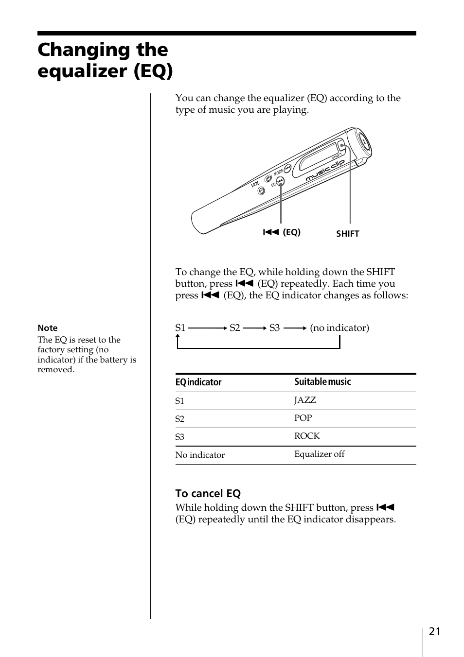 Specifications 24, Changing the equalizer (eq) 21, Changing the equalizer (eq) | Sony MC-P10 User Manual | Page 21 / 40