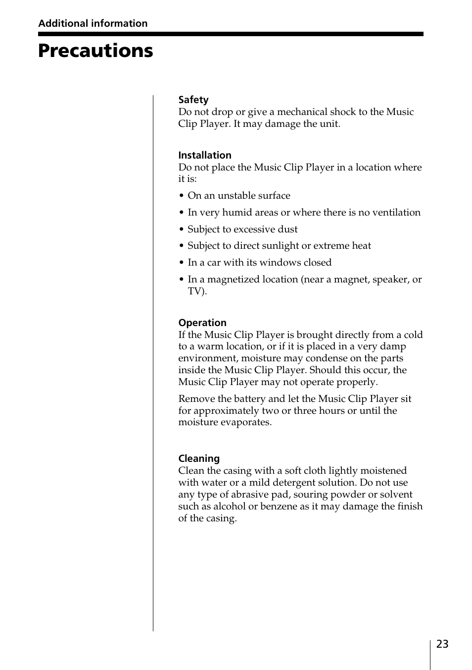 Precautions 23, Precautions | Sony MC-P10 User Manual | Page 23 / 40