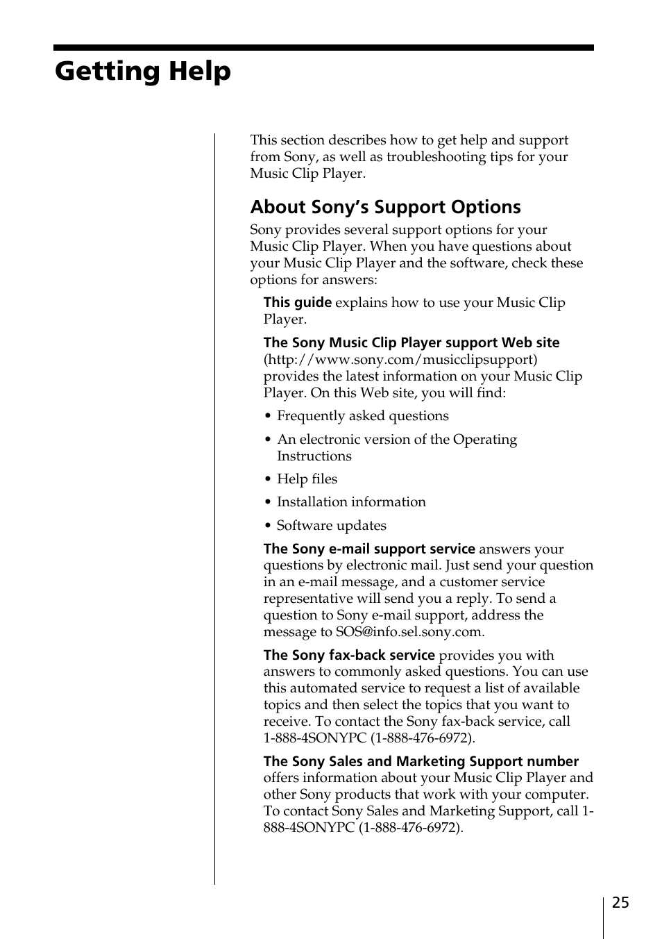 Getting help, About sony’s support options | Sony MC-P10 User Manual | Page 25 / 40
