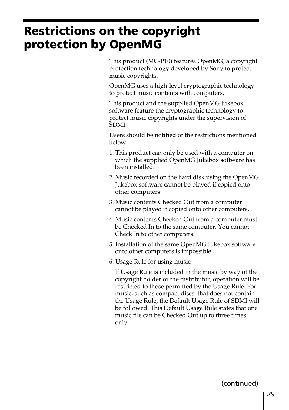 Restrictions on the copyright protection by openmg | Sony MC-P10 User Manual | Page 29 / 40