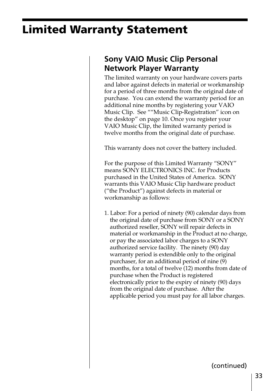 Limited warranty statement | Sony MC-P10 User Manual | Page 33 / 40