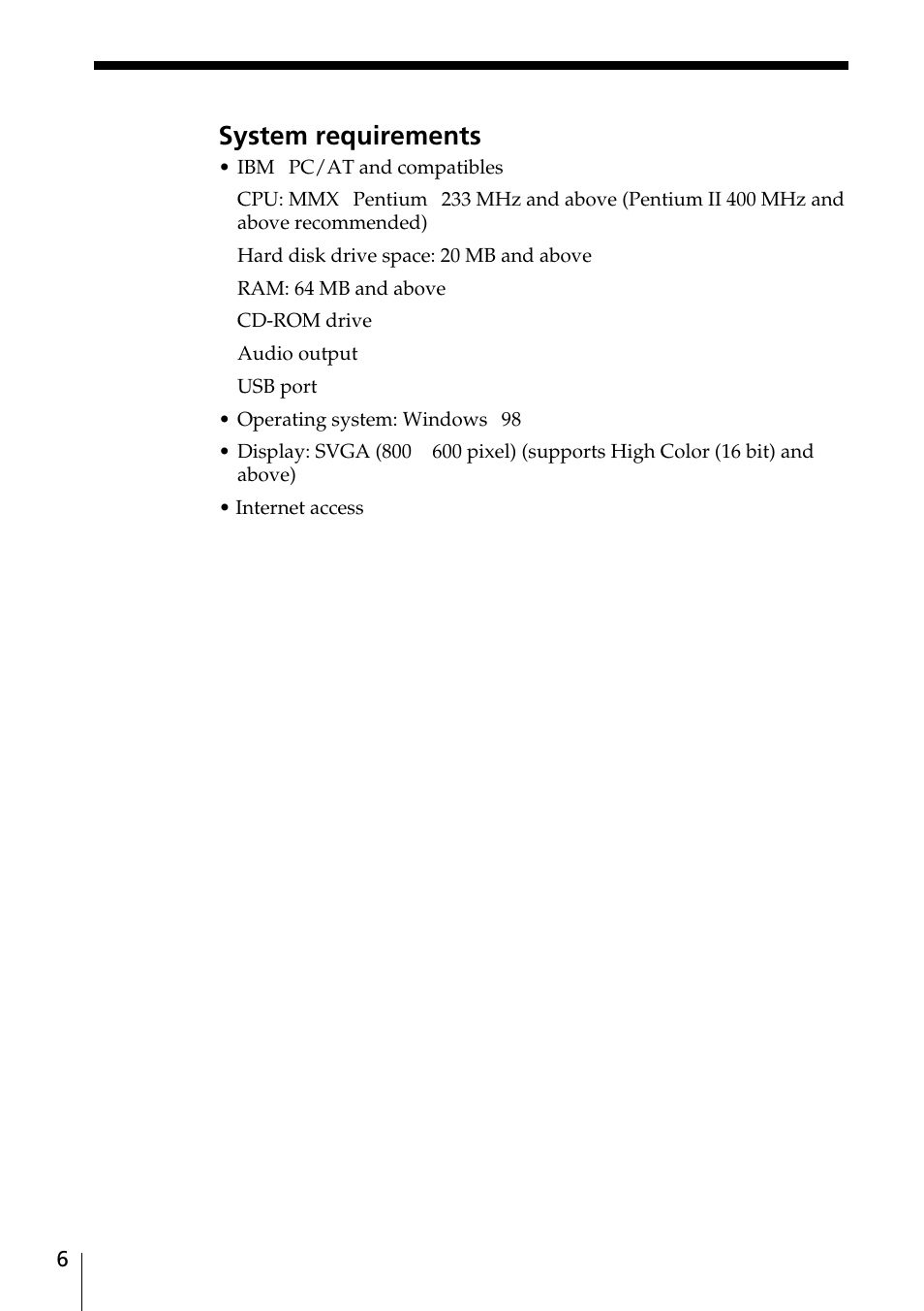 System requirements | Sony MC-P10 User Manual | Page 6 / 40