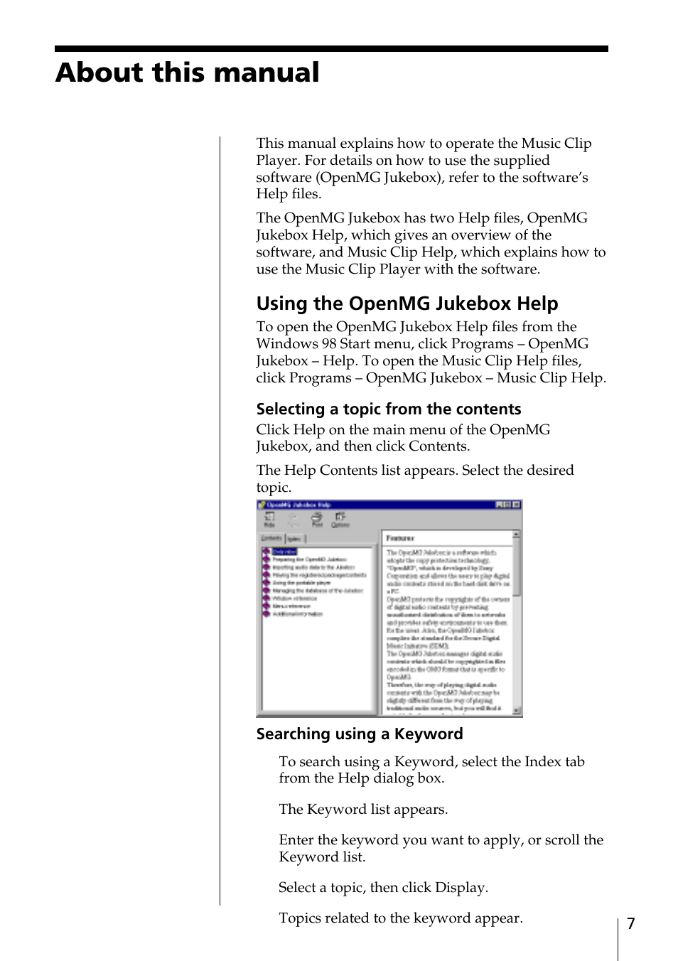 System requirements 6, Using the openmg jukebox help 7, About this manual 7 | About this manual | Sony MC-P10 User Manual | Page 7 / 40