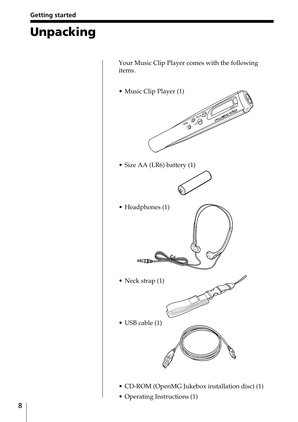 Inserting the battery, Unpacking 8, Unpacking | Sony MC-P10 User Manual | Page 8 / 40