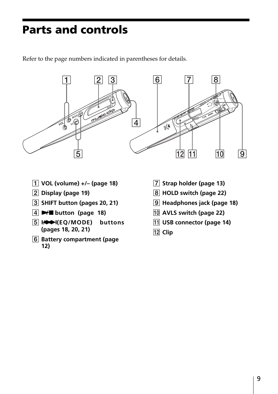 Parts and controls | Sony MC-P10 User Manual | Page 9 / 40