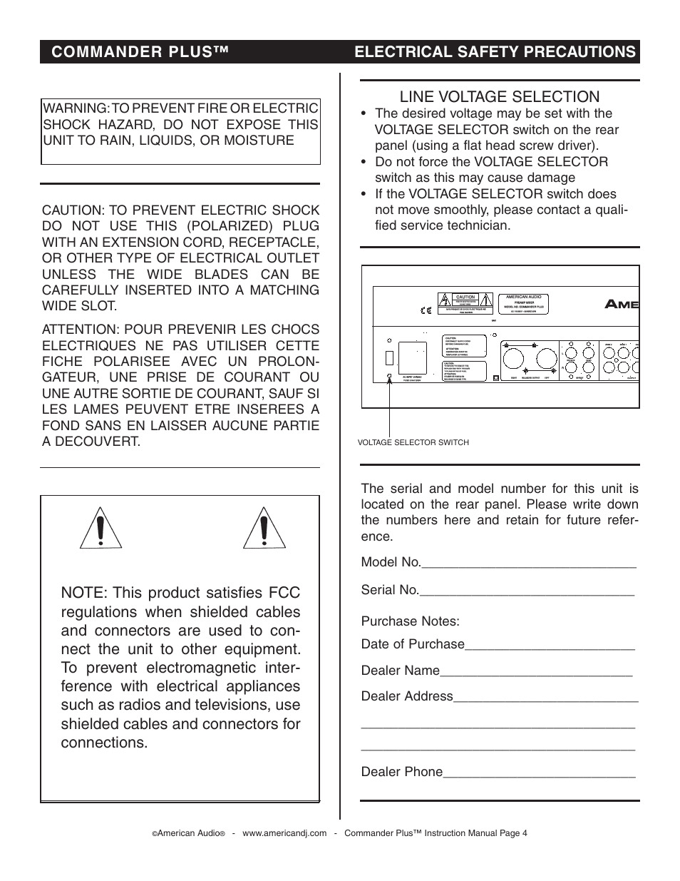 Commander plus™ electrical safety precautions, Line voltage selection, American audio | Voltage selector switch | American Audio CommanderPlus User Manual | Page 4 / 24
