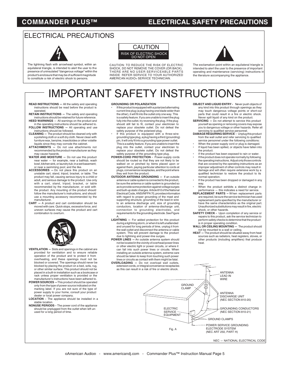 Important safety instructions, Electrical precautions, Commander plus™ electrical safety precautions | Caution | American Audio CommanderPlus User Manual | Page 5 / 24