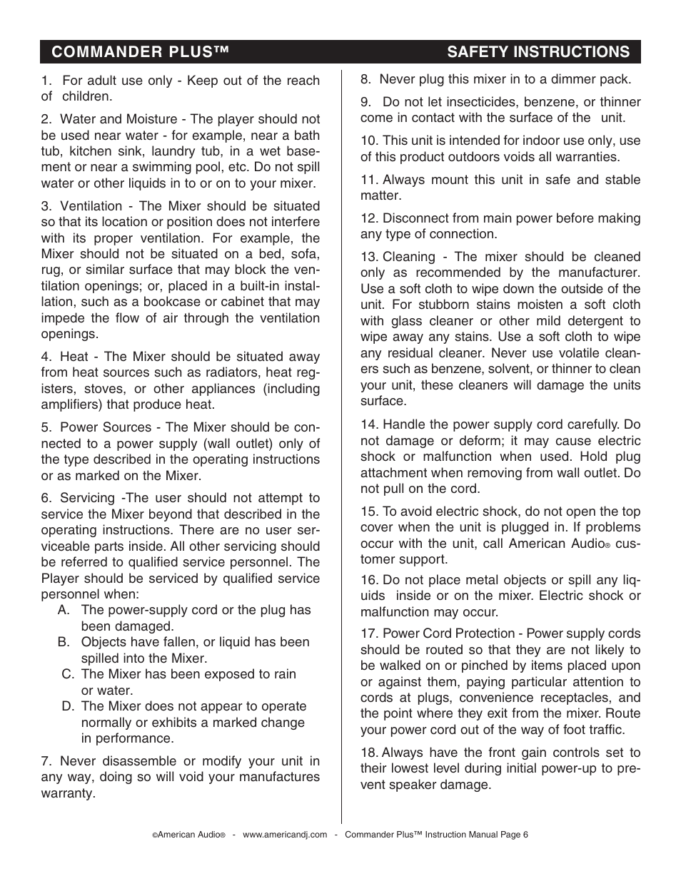 Commander plus™ safety instructions | American Audio CommanderPlus User Manual | Page 6 / 24