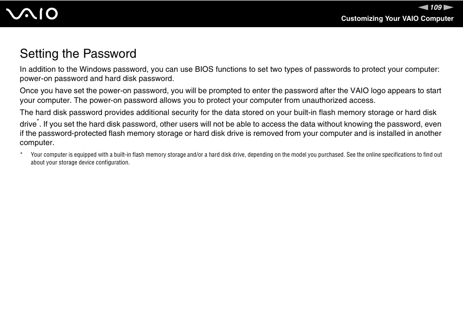 Setting the password | Sony VGN-TZ340NCP User Manual | Page 109 / 238