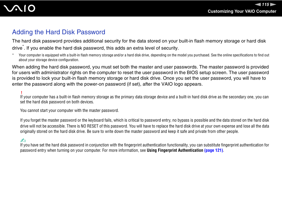 Adding the hard disk password | Sony VGN-TZ340NCP User Manual | Page 115 / 238