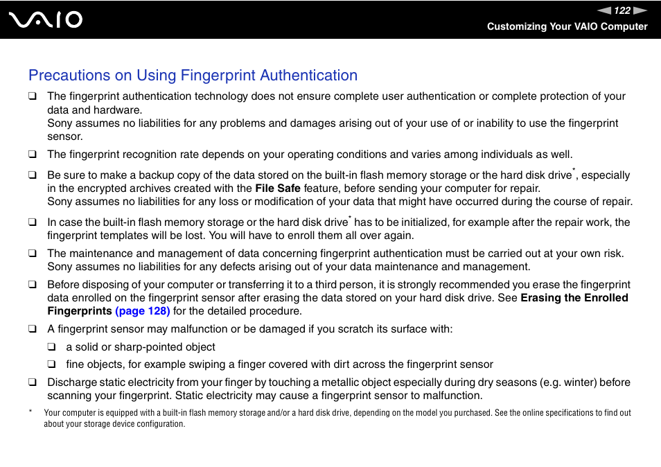 Precautions on using fingerprint authentication | Sony VGN-TZ340NCP User Manual | Page 122 / 238