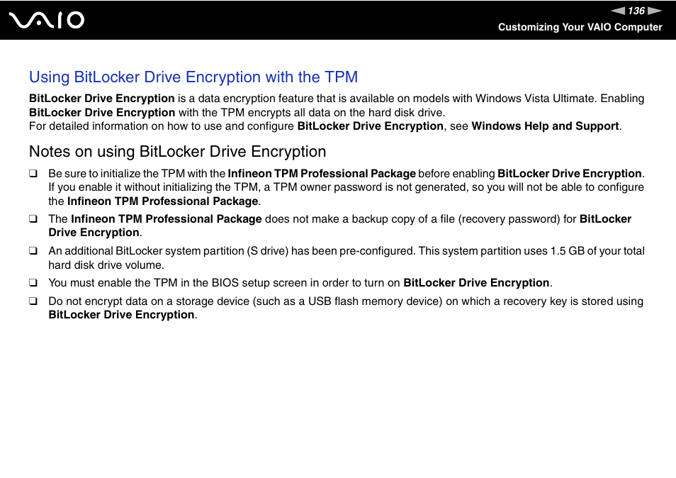 Using bitlocker drive encryption with the tpm | Sony VGN-TZ340NCP User Manual | Page 136 / 238