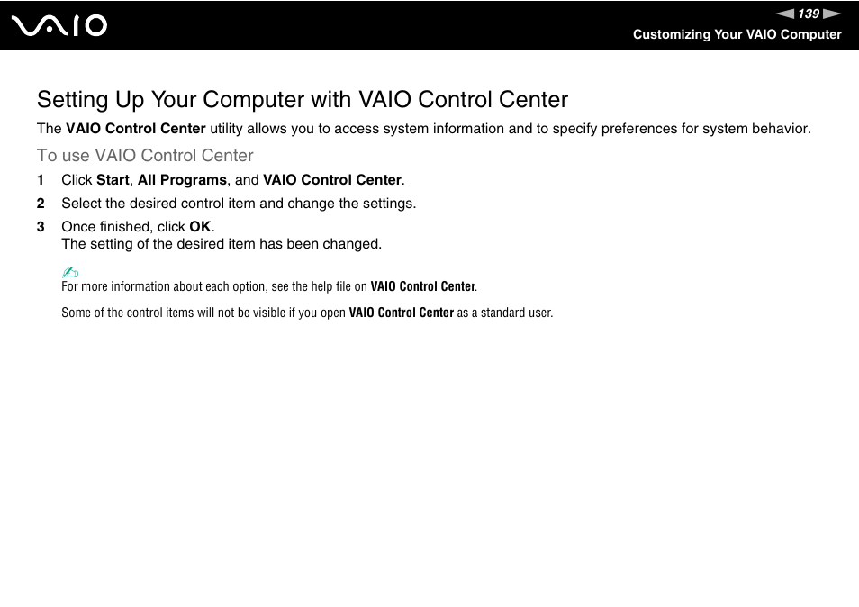 Setting up your computer with vaio control center | Sony VGN-TZ340NCP User Manual | Page 139 / 238