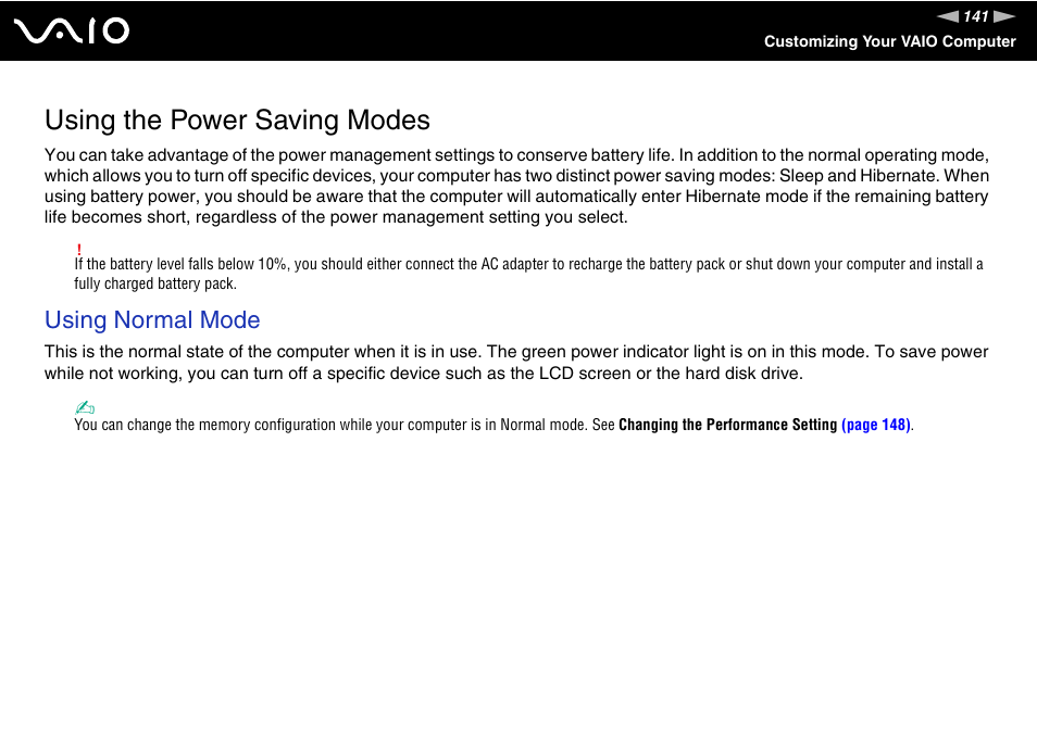 Using the power saving modes, Using normal mode | Sony VGN-TZ340NCP User Manual | Page 141 / 238