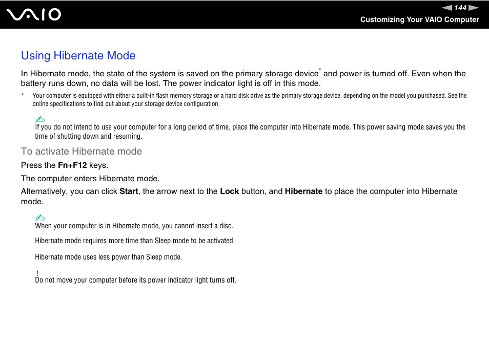 Using hibernate mode | Sony VGN-TZ340NCP User Manual | Page 144 / 238