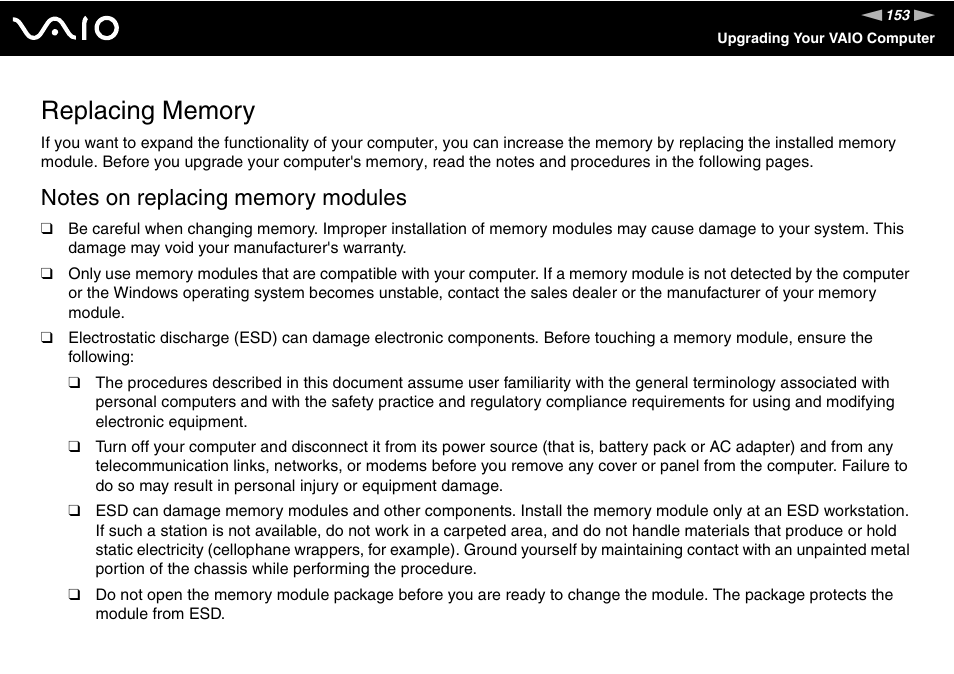 Replacing memory | Sony VGN-TZ340NCP User Manual | Page 153 / 238