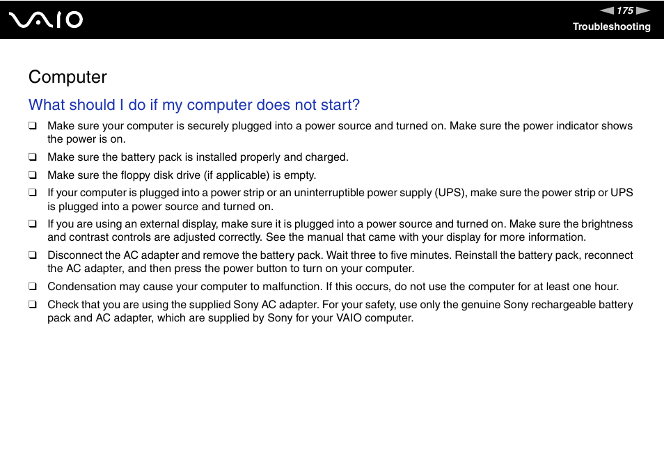 Computer, What should i do if my computer does not start | Sony VGN-TZ340NCP User Manual | Page 175 / 238