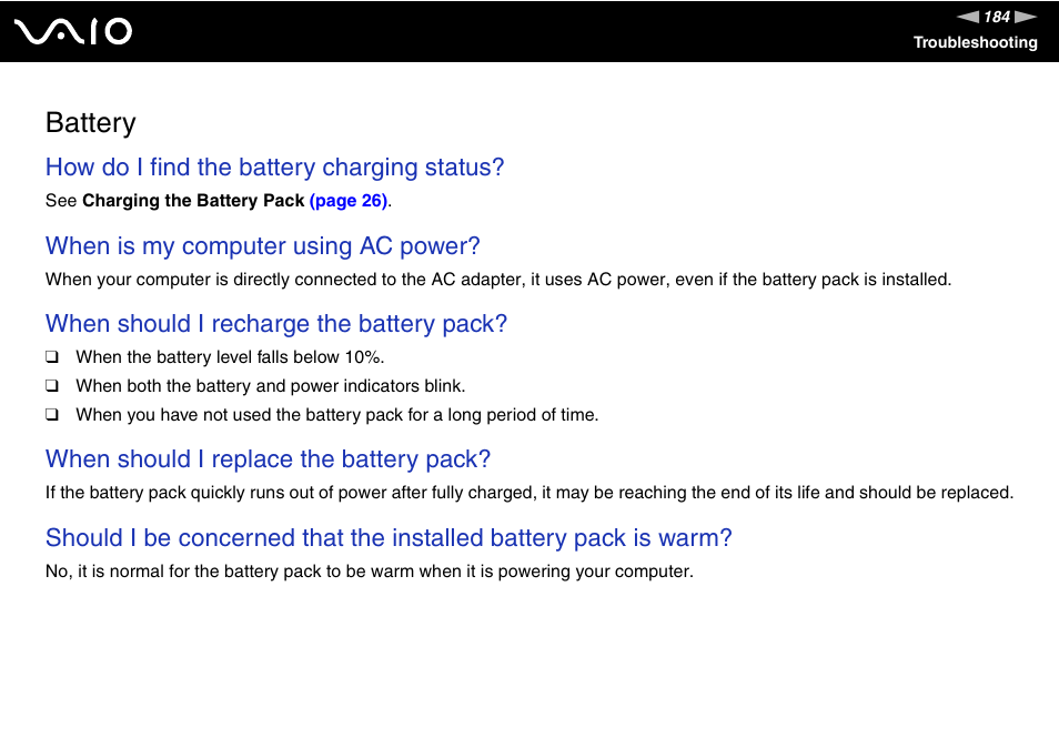 Battery, How do i find the battery charging status, When is my computer using ac power | When should i recharge the battery pack, When should i replace the battery pack | Sony VGN-TZ340NCP User Manual | Page 184 / 238