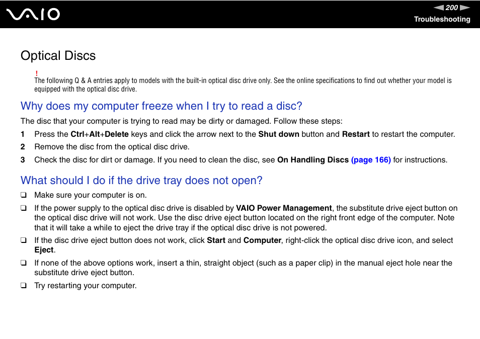 Optical discs, What should i do if the drive tray does not open | Sony VGN-TZ340NCP User Manual | Page 200 / 238