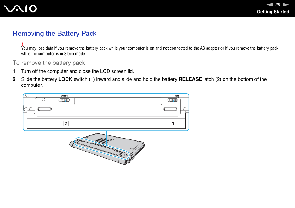 Removing the battery pack | Sony VGN-TZ340NCP User Manual | Page 29 / 238