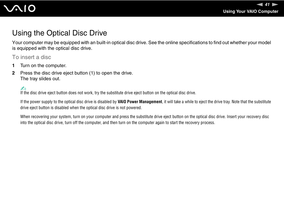 Using the optical disc drive | Sony VGN-TZ340NCP User Manual | Page 41 / 238