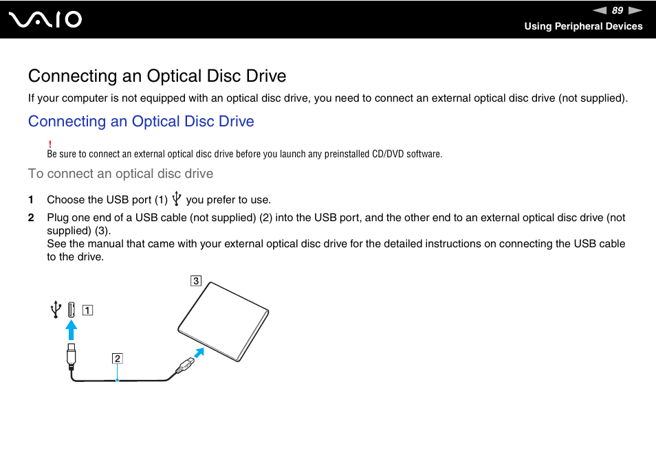 Connecting an optical disc drive | Sony VGN-TZ340NCP User Manual | Page 89 / 238