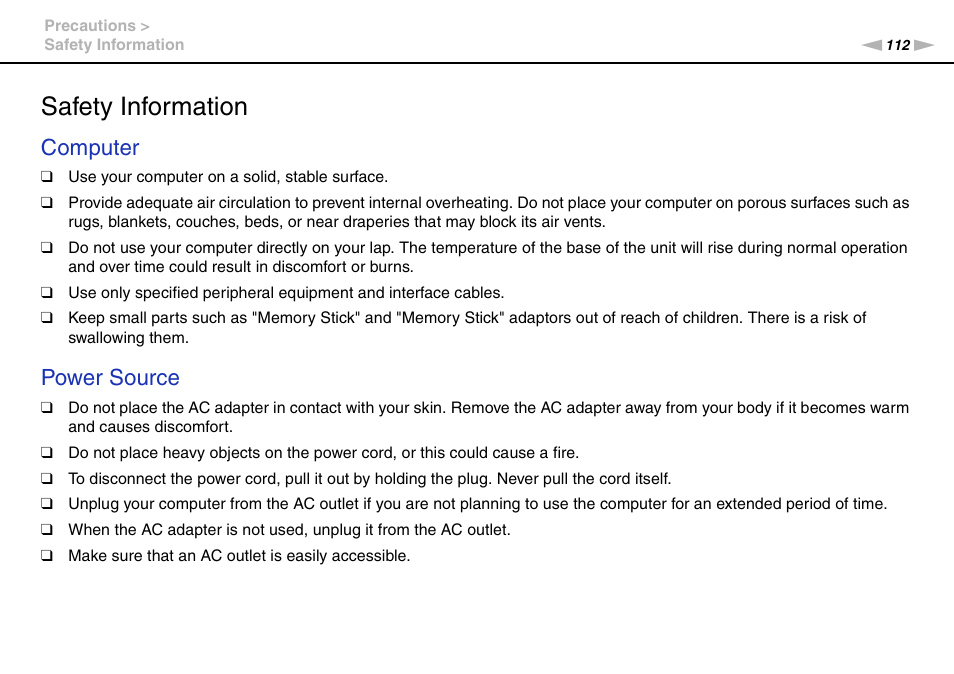 Safety information, Computer, Power source | Sony VPCEB4LFX User Manual | Page 112 / 172