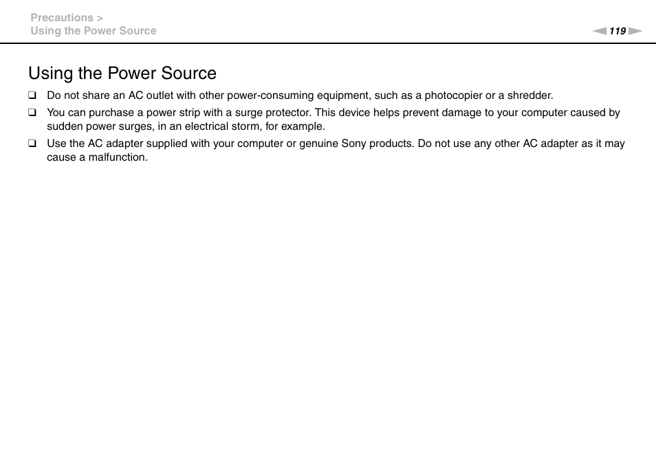 Using the power source | Sony VPCEB4LFX User Manual | Page 119 / 172