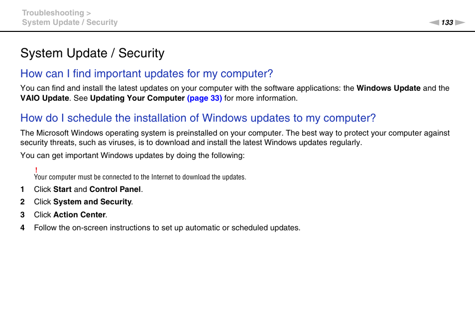 System update / security, How can i find important updates for my computer | Sony VPCEB4LFX User Manual | Page 133 / 172