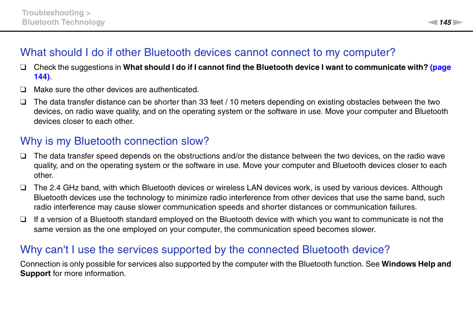 Why is my bluetooth connection slow | Sony VPCEB4LFX User Manual | Page 145 / 172