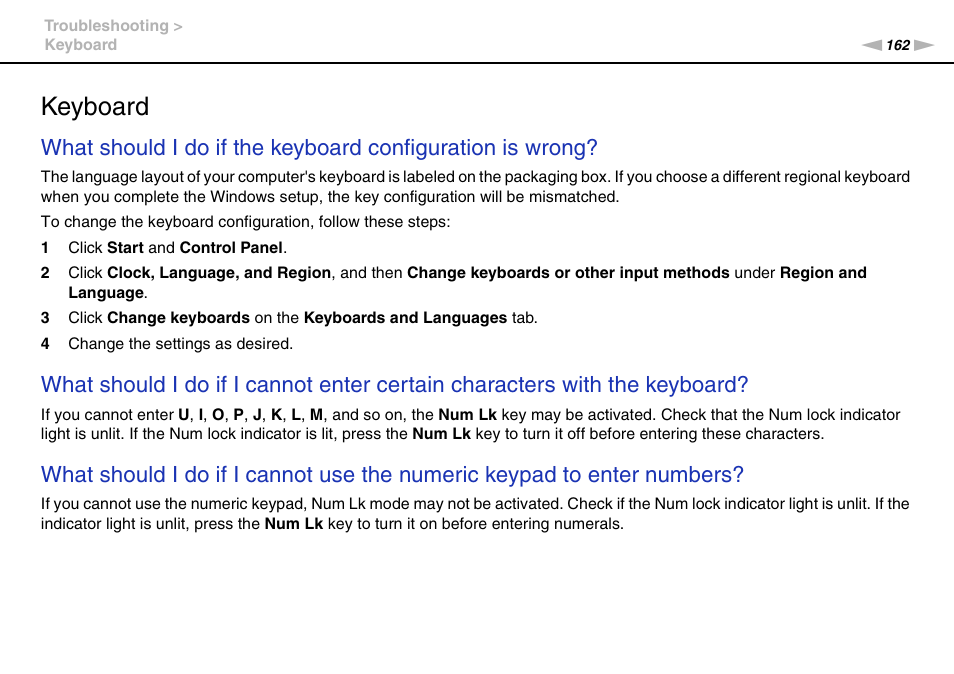 Keyboard | Sony VPCEB4LFX User Manual | Page 162 / 172