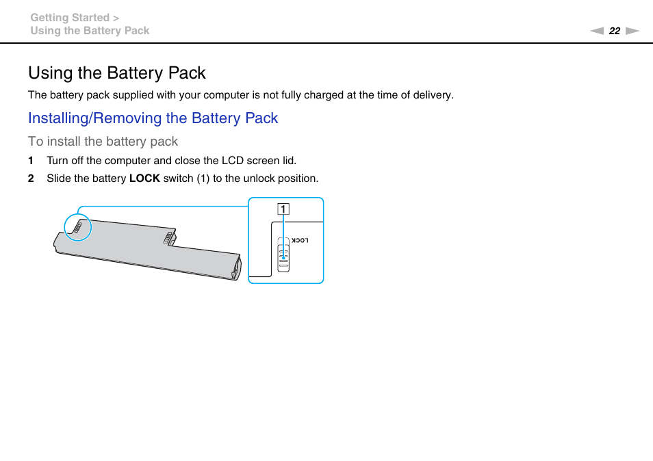 Using the battery pack, Installing/removing the battery pack | Sony VPCEB4LFX User Manual | Page 22 / 172